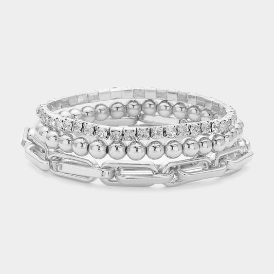Stretch Bead/Crystal/Chain Bracelet Set - White Gold