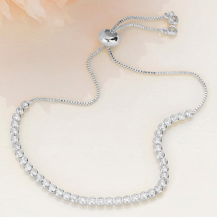 CZ  BEZEL ADJUSTABLE PULL TIE BRACELET-Silver