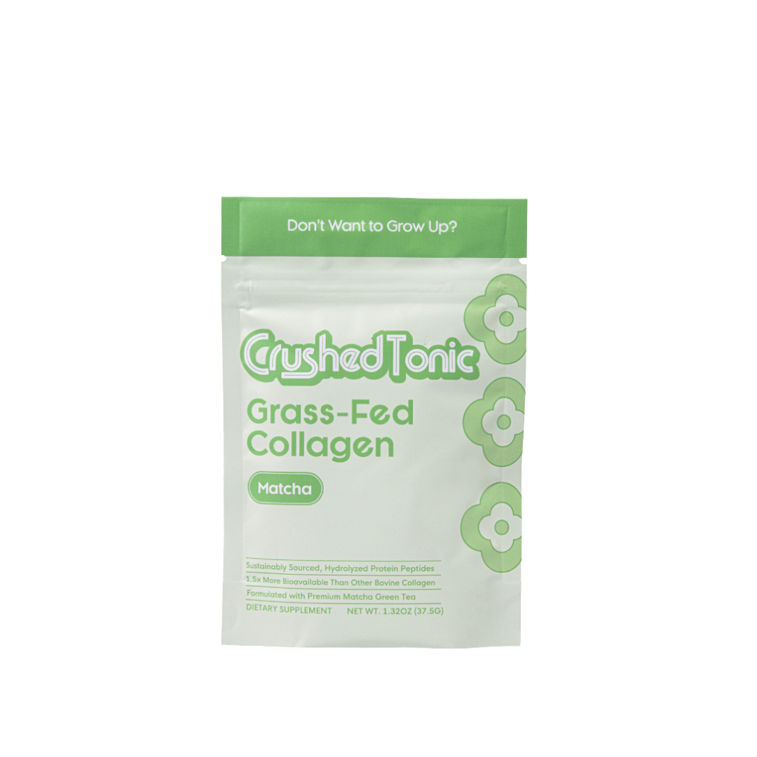 Package of Crushed Tonic Grass-Fed Collagen Matcha on a white background