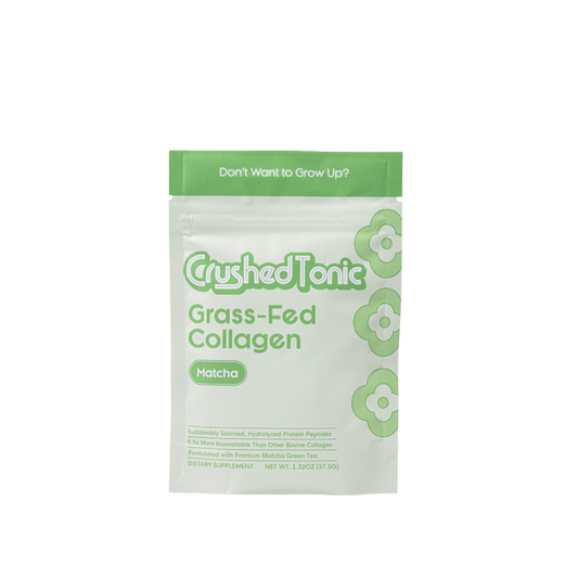 Package of Crushed Tonic Grass-Fed Collagen Matcha on a white background