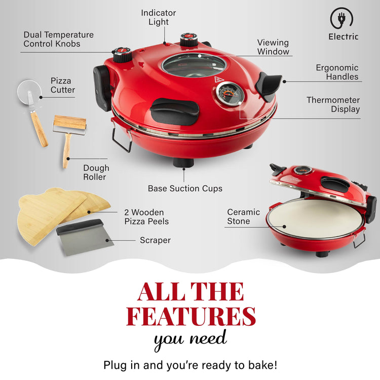 Red pizza oven with features labeled on a gray background
