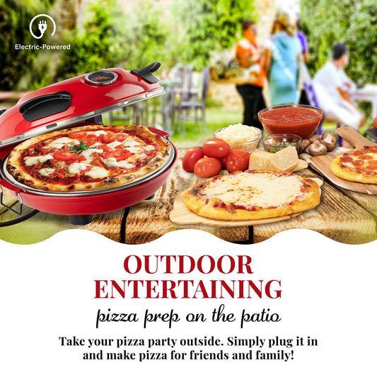 A red countertop pizza oven with a 12-inch pizza on it, surrounded by various accessories such as a carrying case, a pizza peel, a brush, a scraper, and a dough roller.