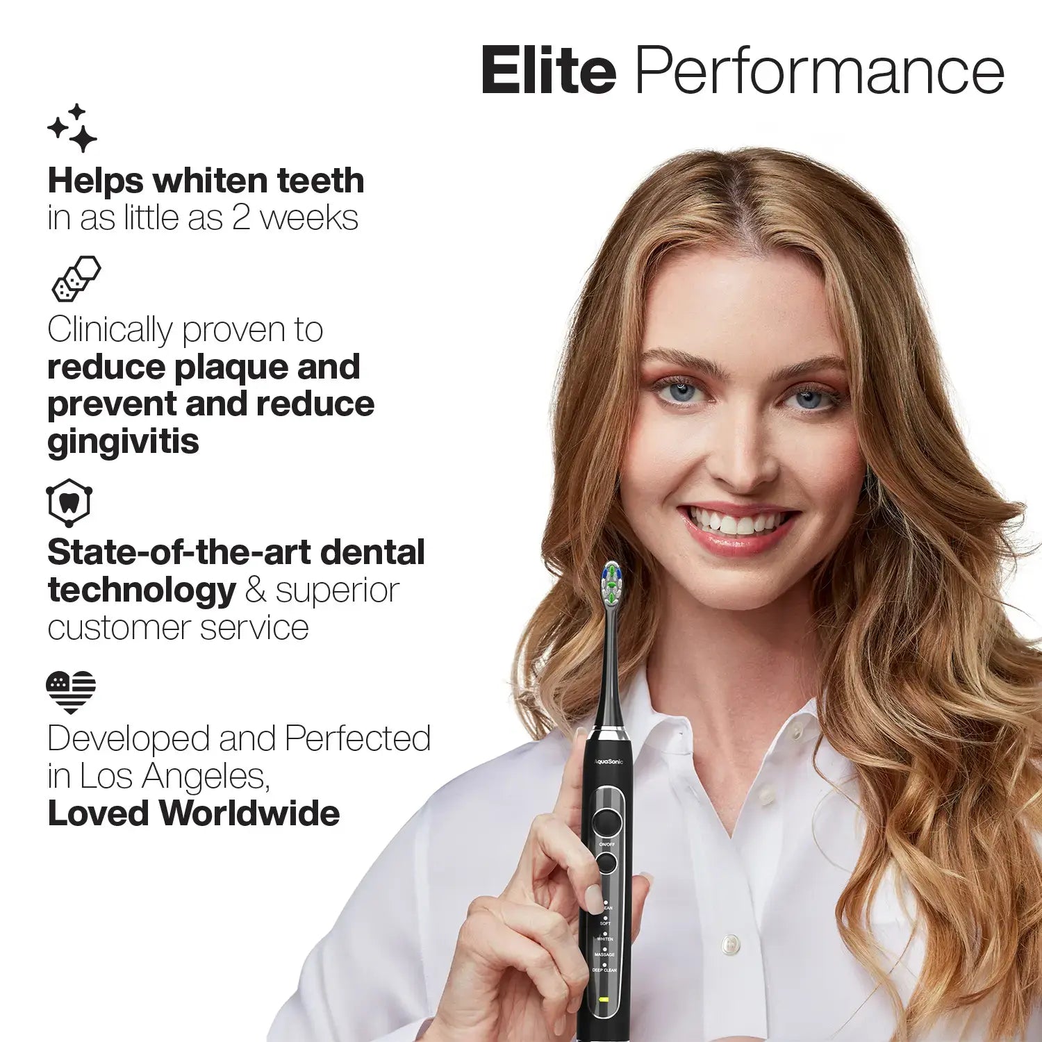 Woman holding a dental toothbrush with promotional text about its features on a white background