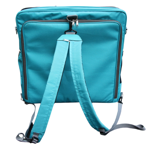 Teal backpack with a shoulder strap on a white background