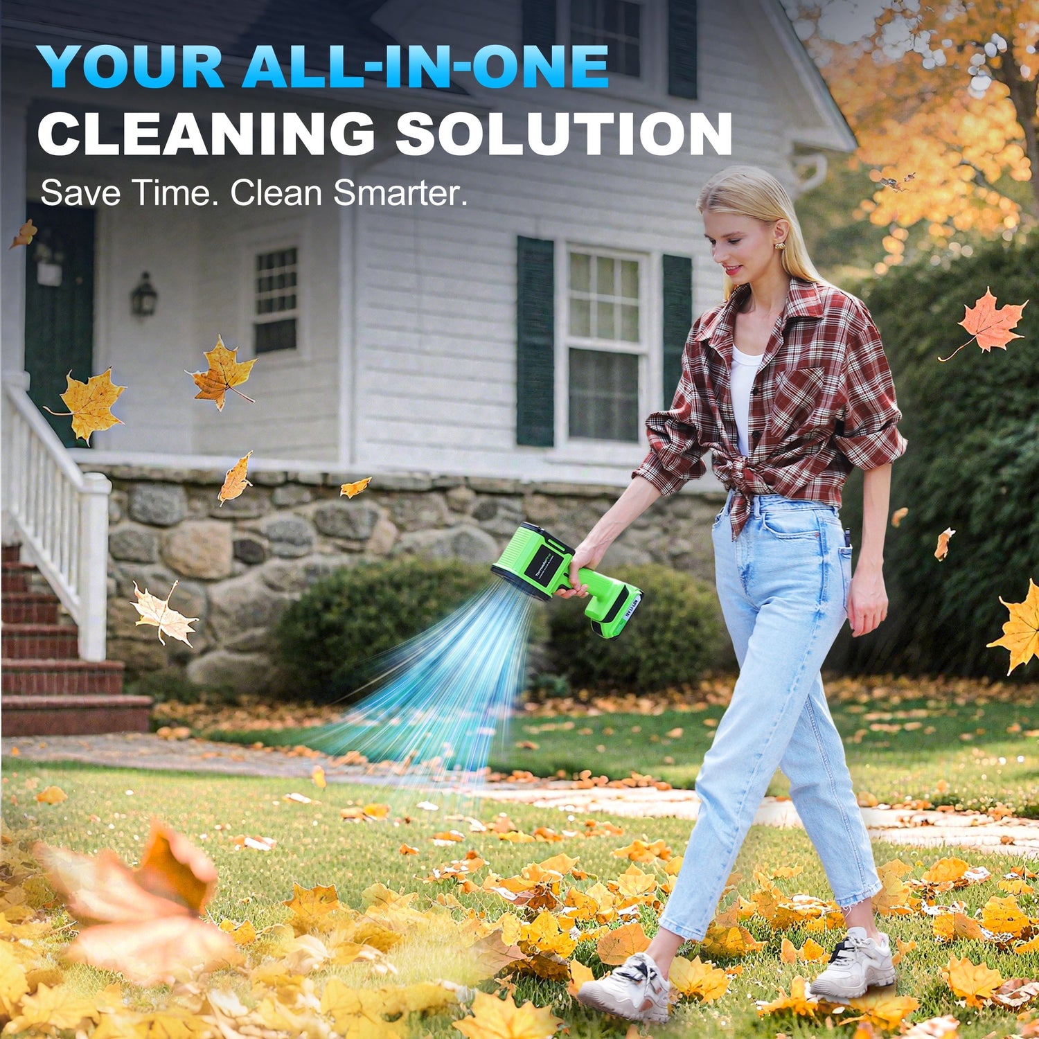 Woman using a cleaning device to clear leaves in front of a house with text about an all-in-one cleaning solution.