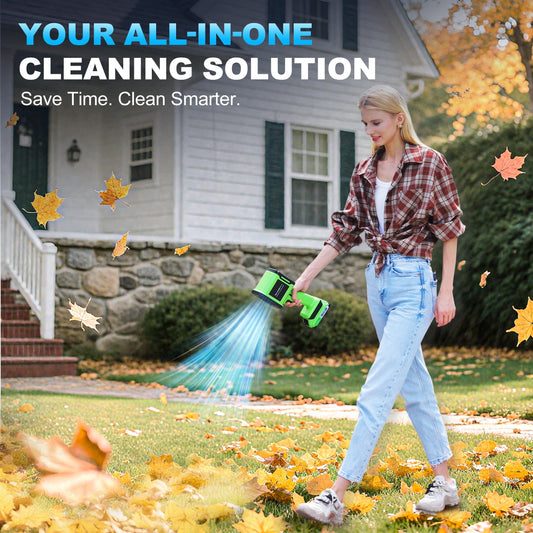 Green handheld leaf blower with battery pack on a blue background