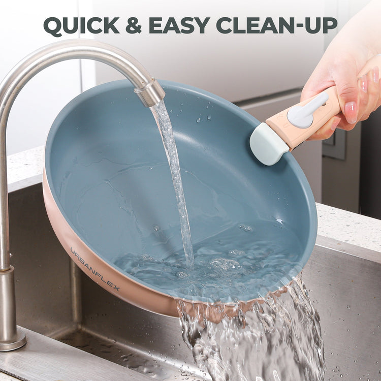 Collapsible blue basin being rinsed under a faucet with text 'QUICK & EASY CLEAN-UP'.