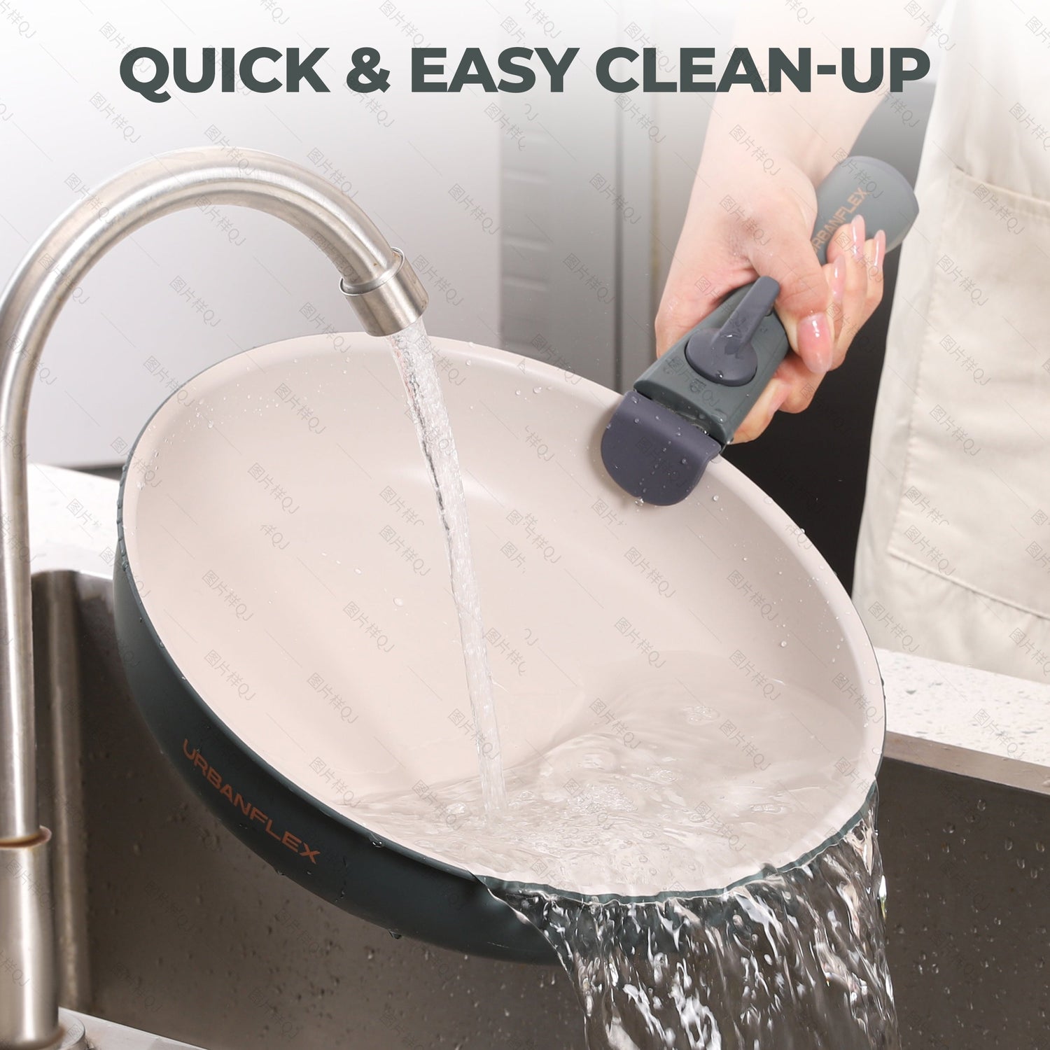 Person cleaning a pot with a scrubber under running water from a faucet, with text 'QUICK & EASY CLEAN-UP'.