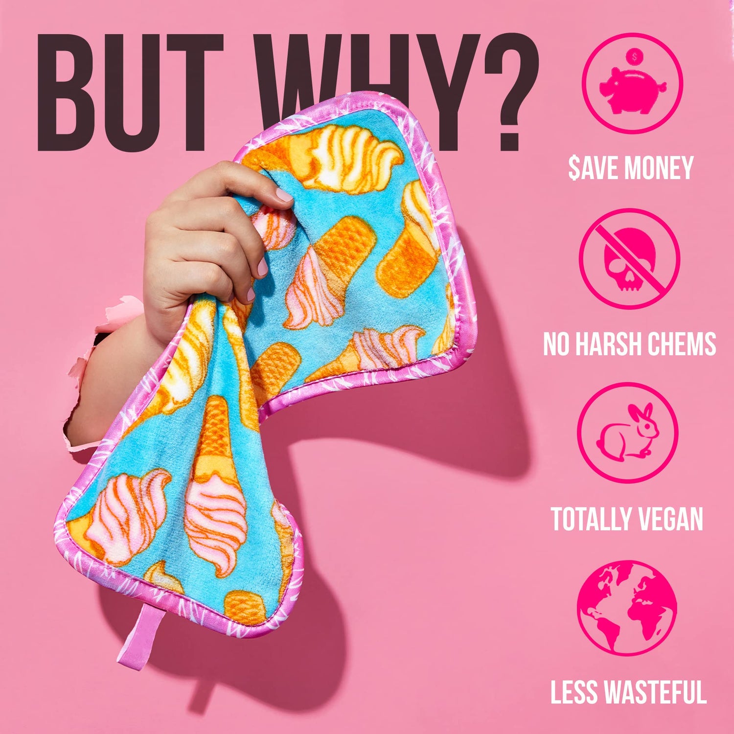 Hand holding a colorful product with text and icons on a pink background
