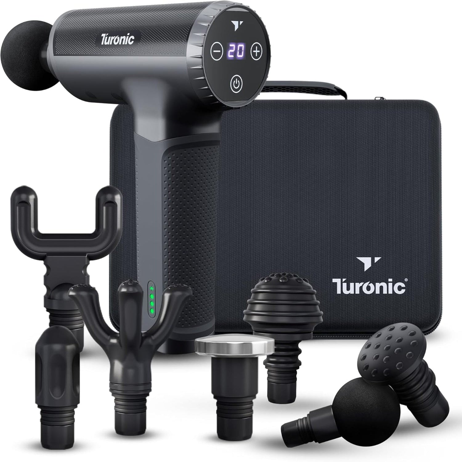 Turonic massage gun with attachments on a white background