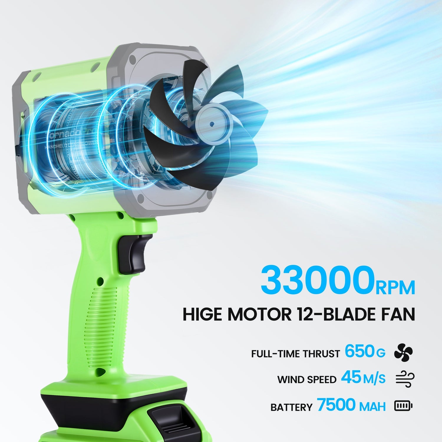 Green high-speed fan with technical specifications on a white background