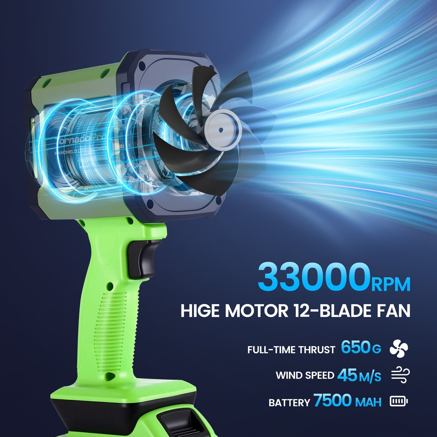 Green high-speed fan with detailed specifications on a dark background