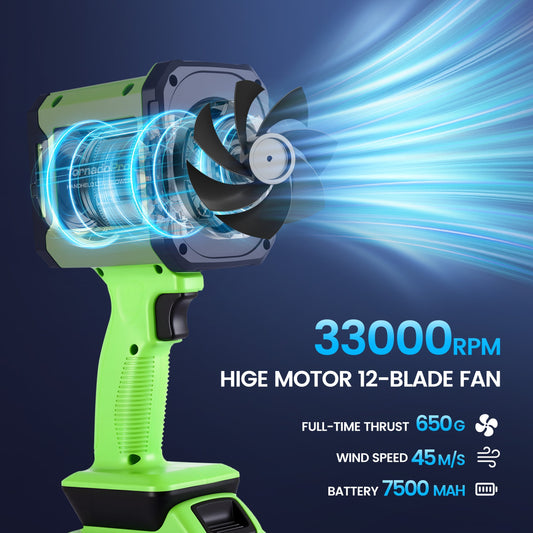 Green handheld leaf blower with battery pack on a blue background