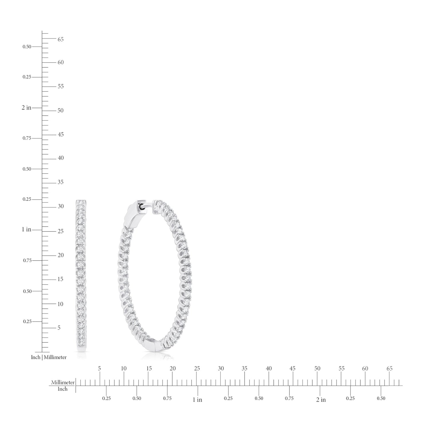 Silver hoop earring with measurement scale on a white background