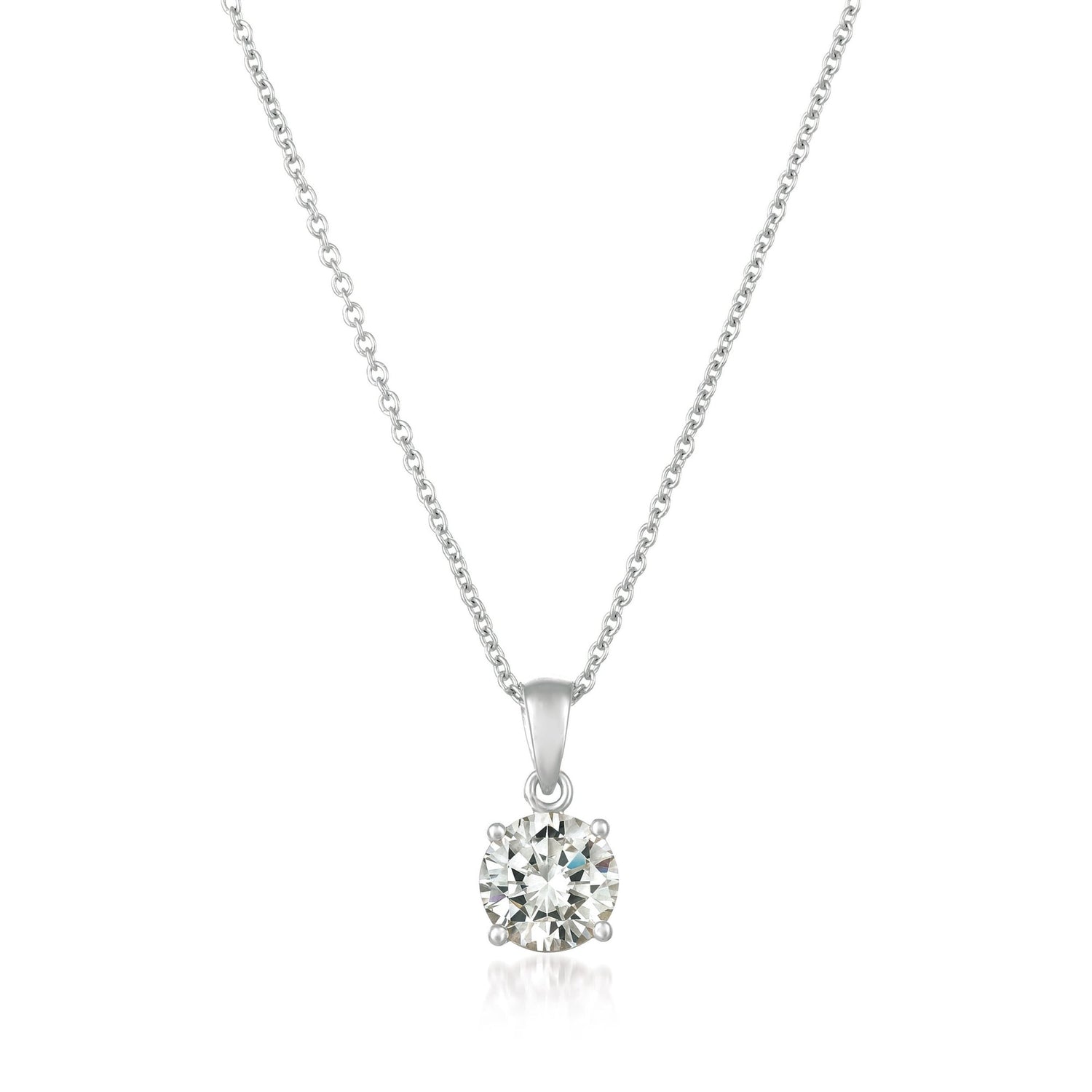 Silver necklace with a round diamond pendant on a white background
