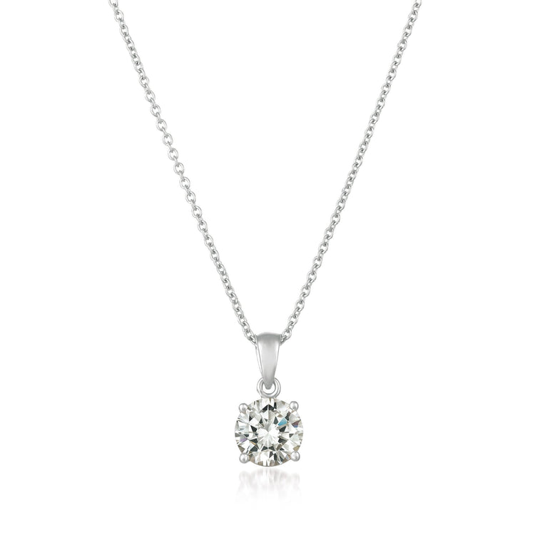 Silver necklace with a round diamond pendant on a white background