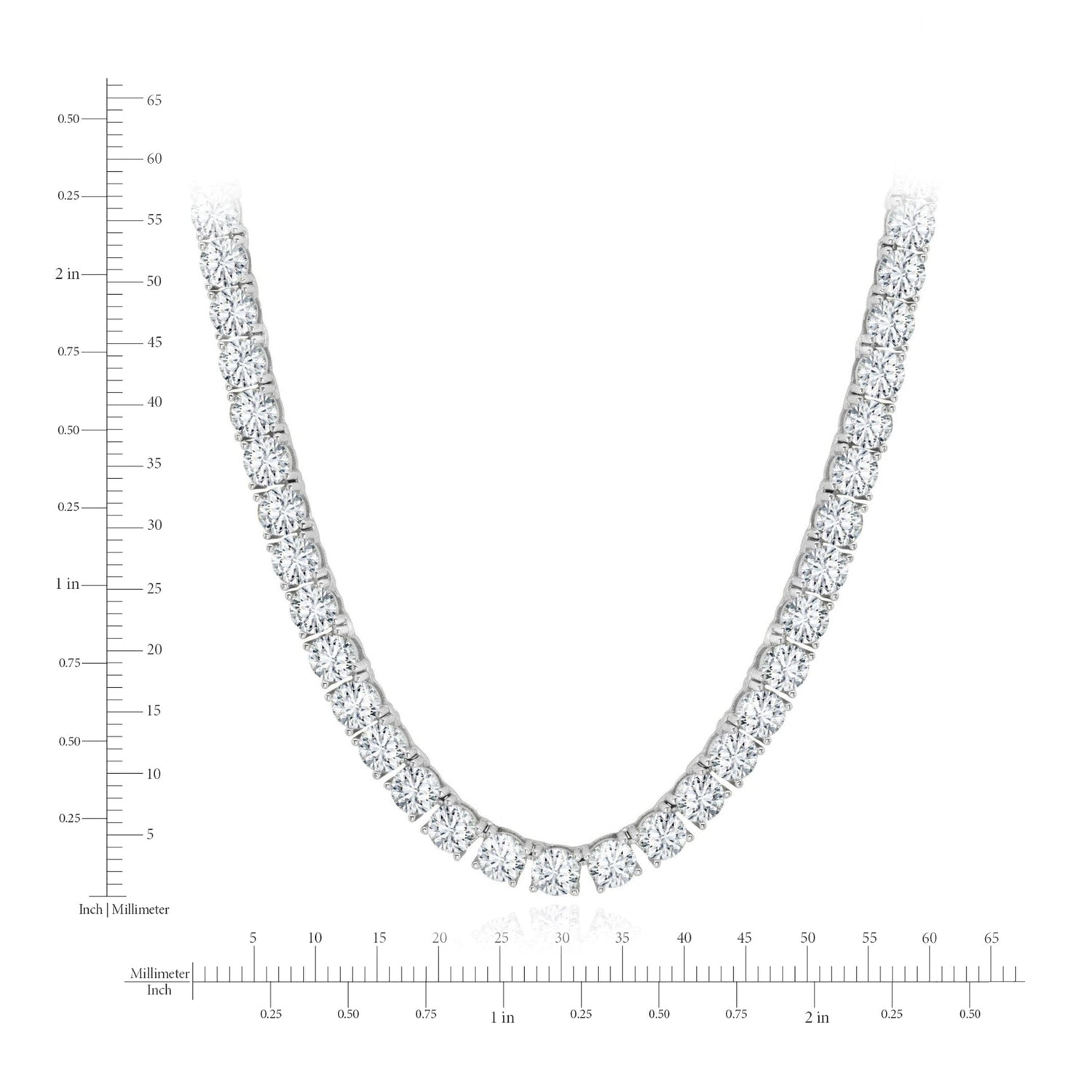 Diamond necklace with measurement scale on a white background
