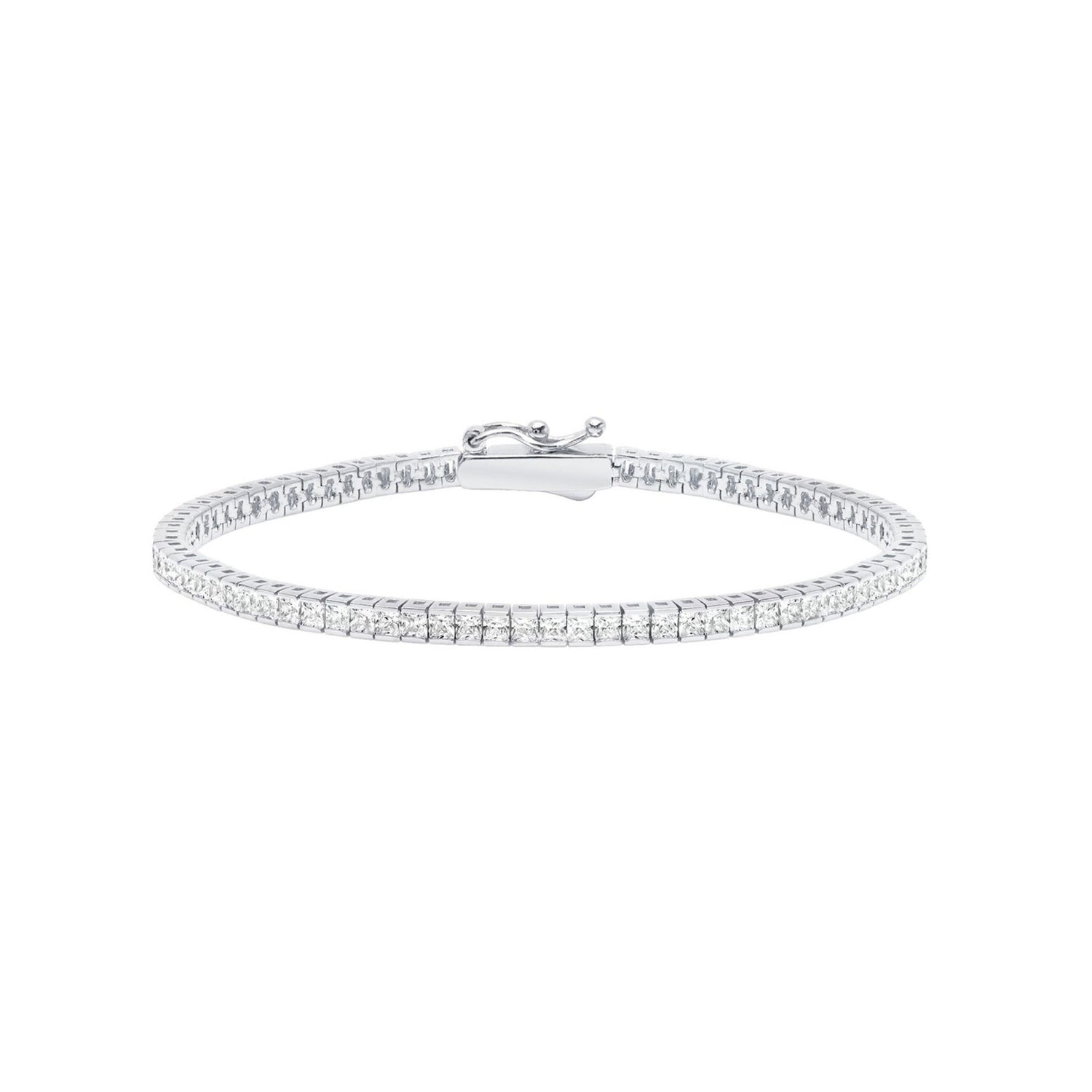 Silver bracelet with clear stones on a white background