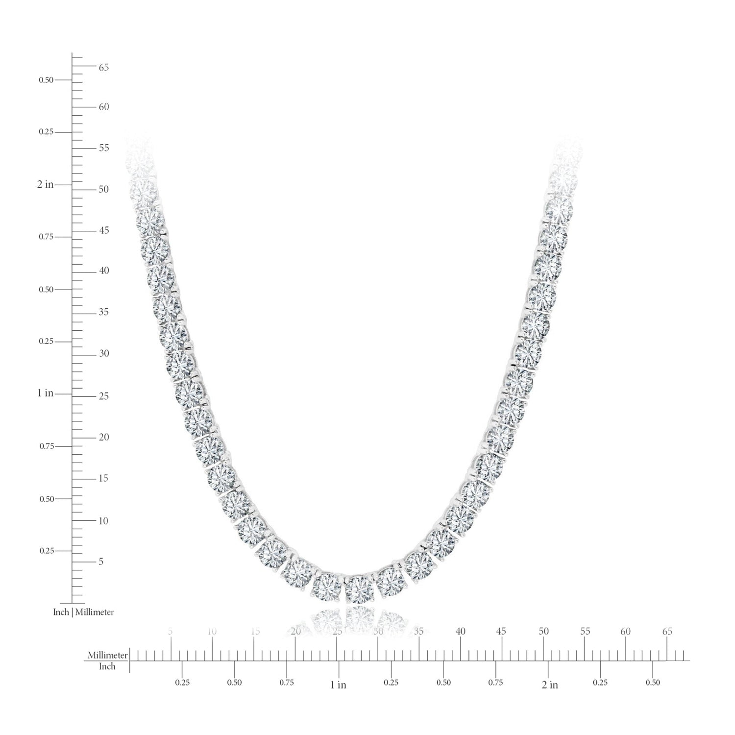 Diamond necklace with a measurement scale on a white background