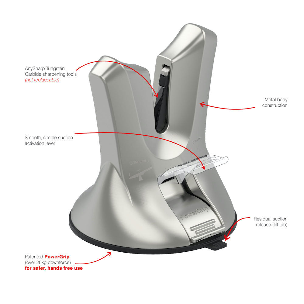 Metallic suction device with labeled features on a white background