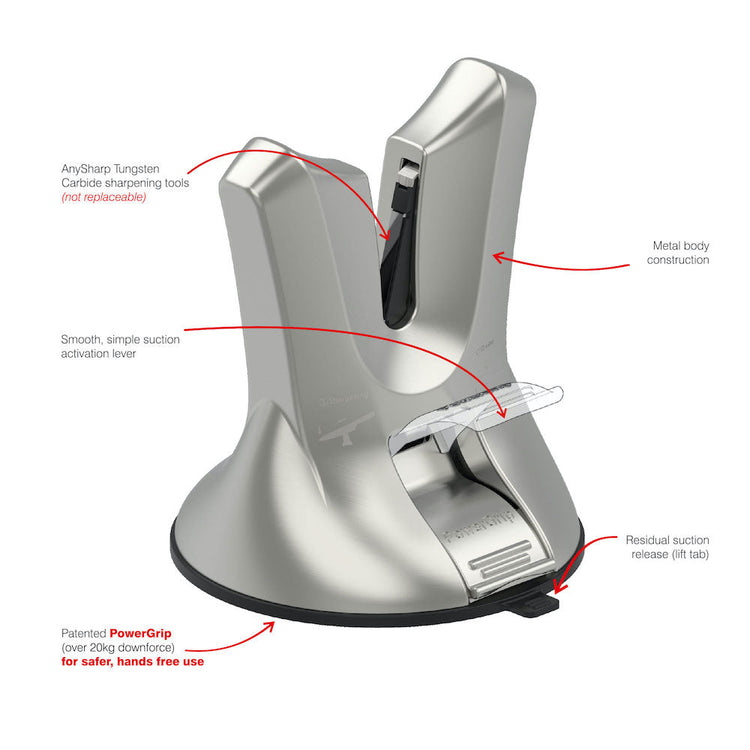 Metallic suction device with labeled features on a white background