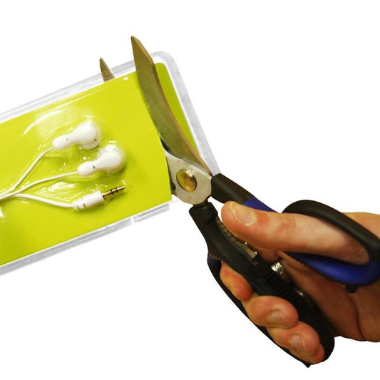 A pair of black and blue AnySharp 5-in-1 multifunction scissors with serrated blades and additional tools integrated into the handles.