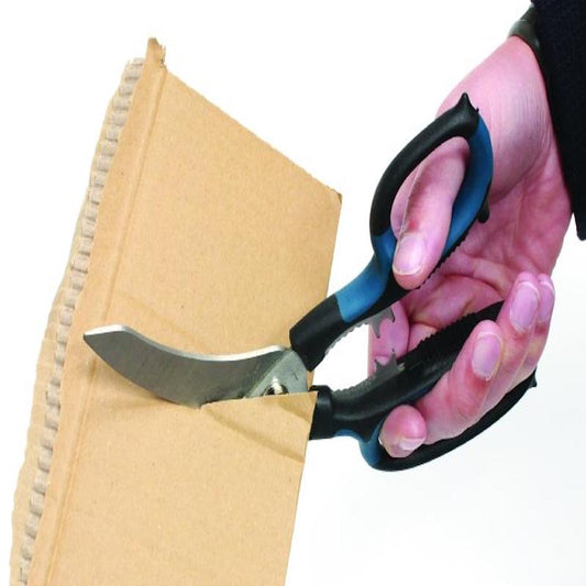 A pair of black and blue AnySharp 5-in-1 multifunction scissors with serrated blades and additional tools integrated into the handles.