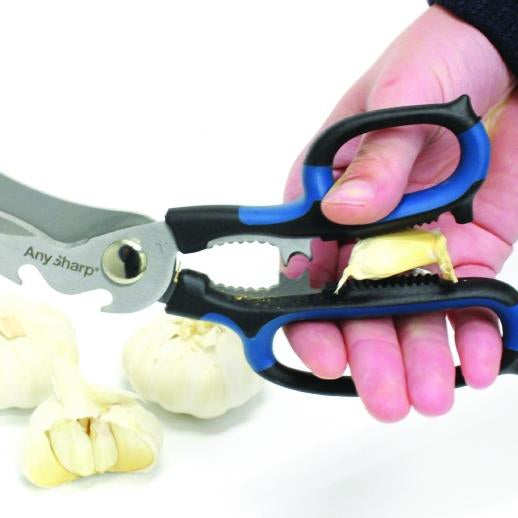 A pair of black and blue AnySharp 5-in-1 multifunction scissors with serrated blades and additional tools integrated into the handles.