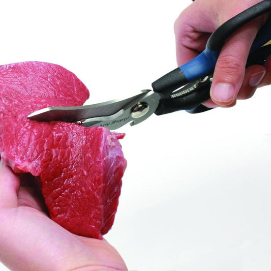 A pair of black and blue AnySharp 5-in-1 multifunction scissors with serrated blades and additional tools integrated into the handles.