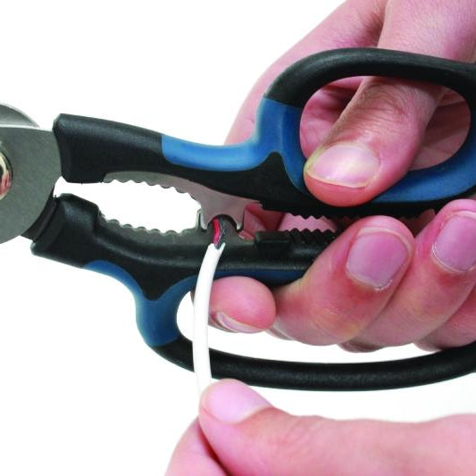 A pair of black and blue AnySharp 5-in-1 multifunction scissors with serrated blades and additional tools integrated into the handles.