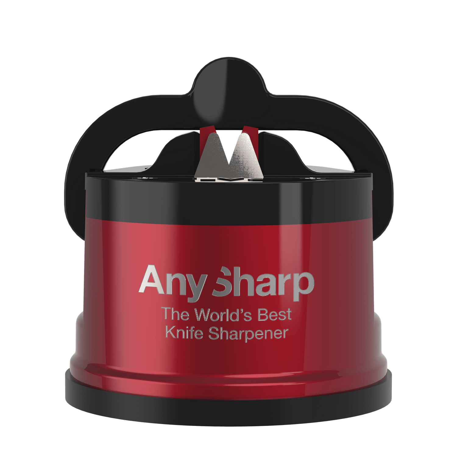 Red and black knife sharpener with 'Any Sharp' branding on a white background