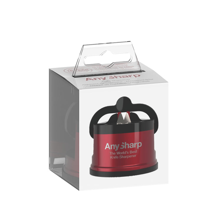 Red and black Any Sharp knife sharpener in clear packaging on a white background