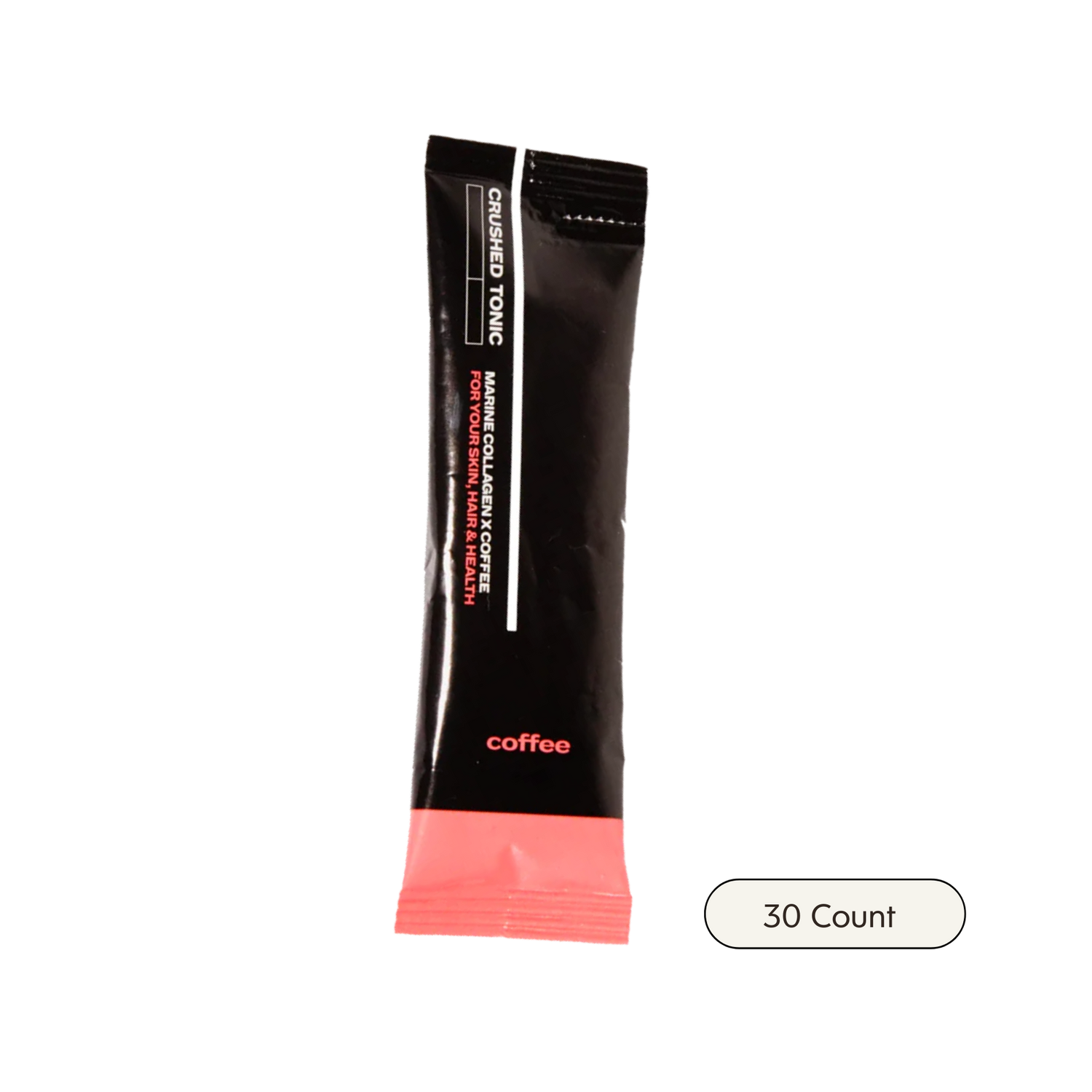 Black and pink coffee packaging with text on a white background