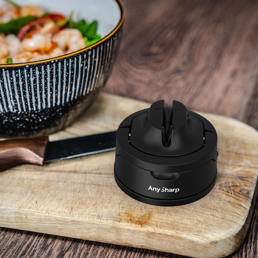 Two black Any Sharp knife sharpeners on a white background