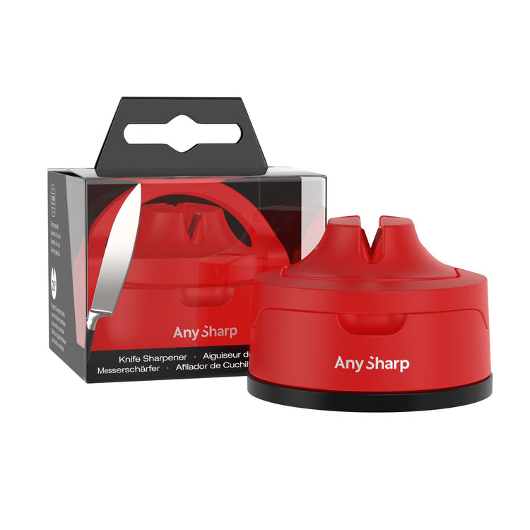 Red knife sharpener with packaging on a white background