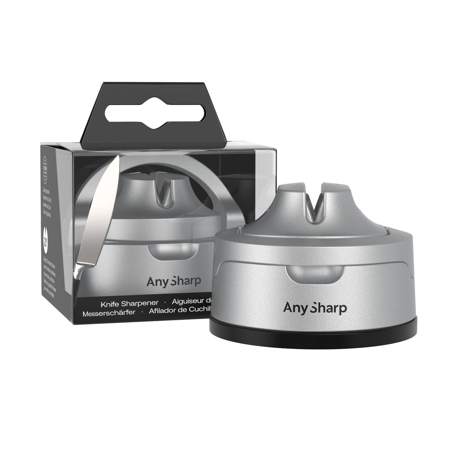 Knife sharpener with packaging labeled 'Any Sharp' on a white background