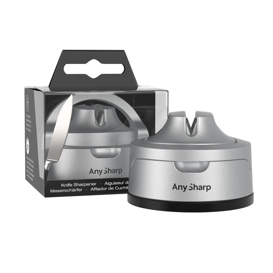 Two black Any Sharp knife sharpeners on a white background