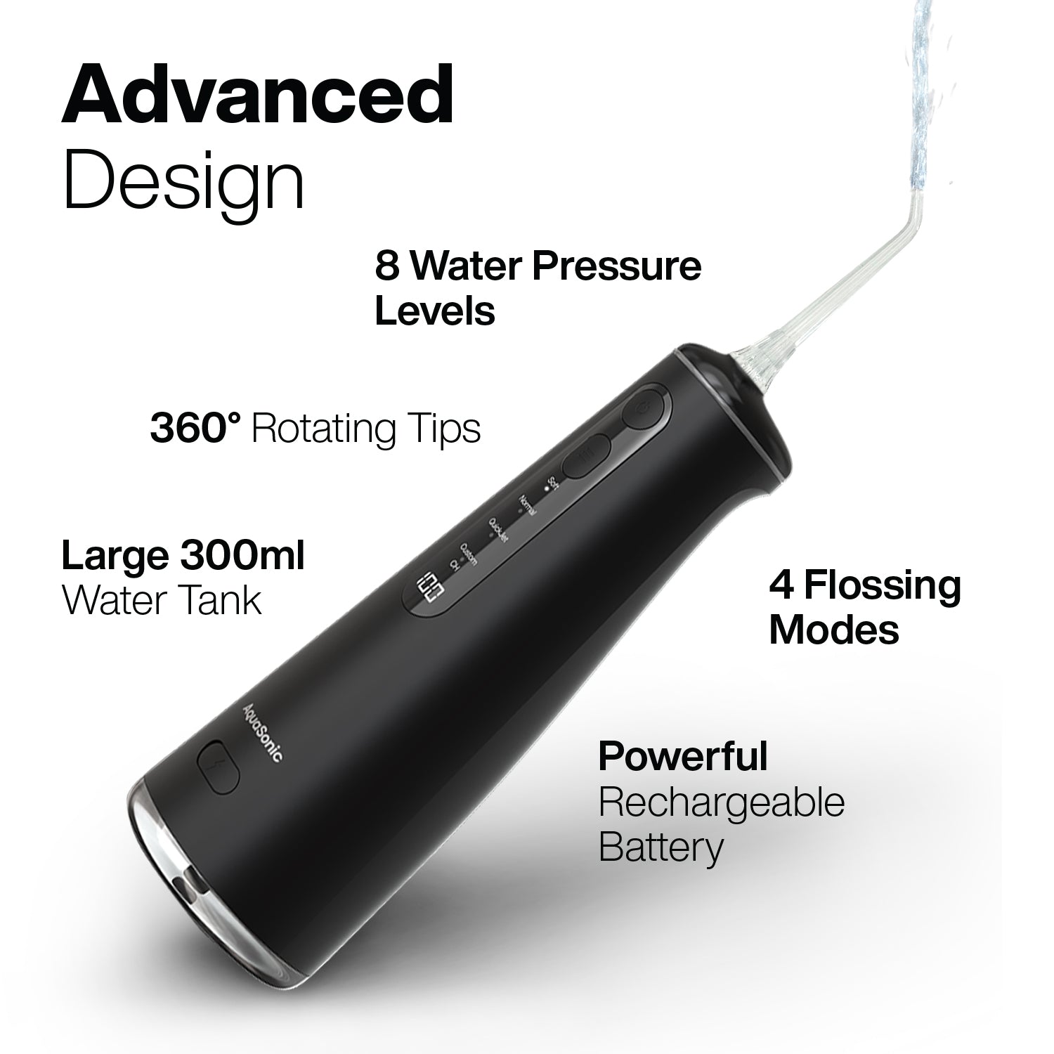 Black water flosser with features listed on a white background