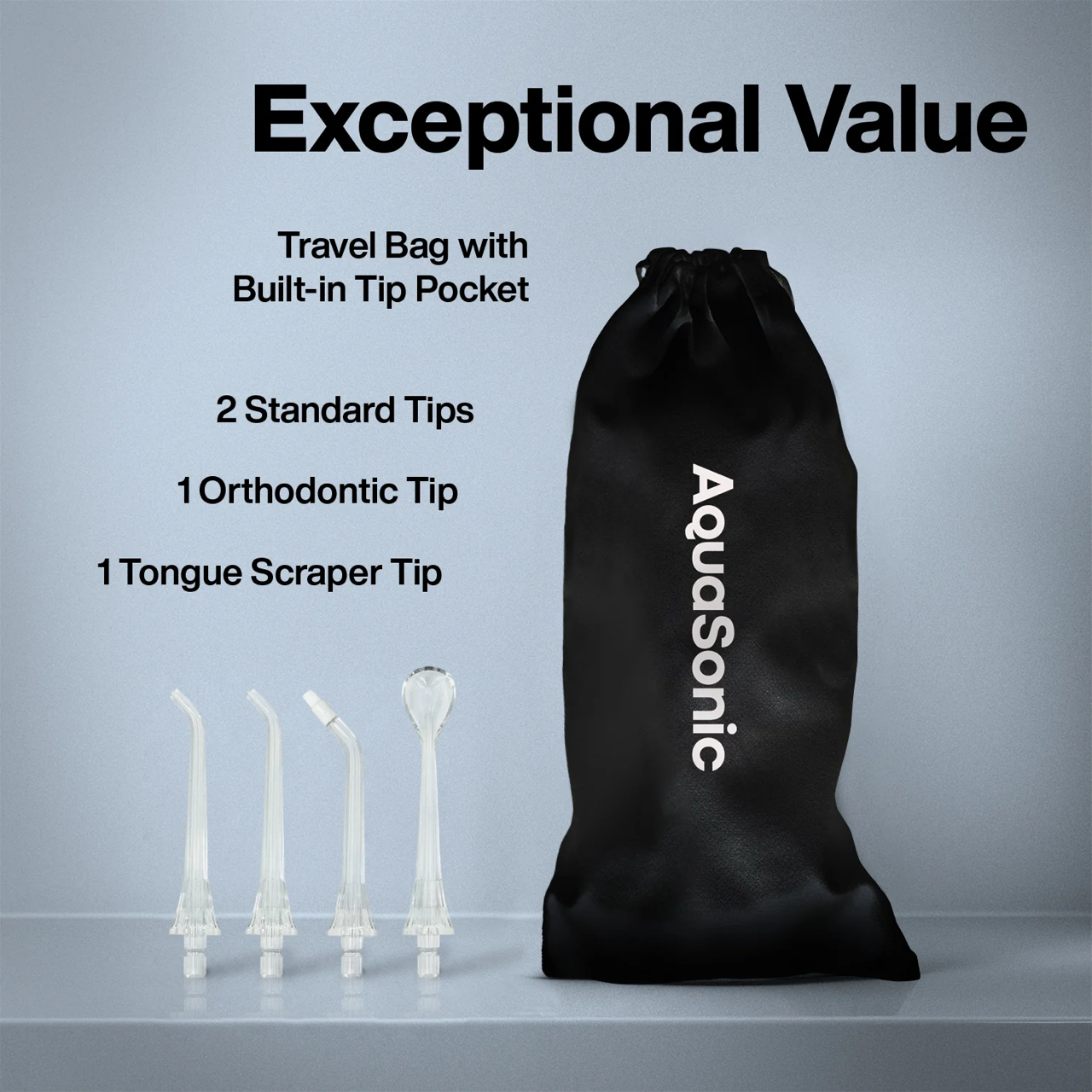 Black travel bag with Aquasonic branding and dental tips on a gray background