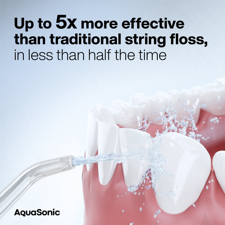 AquaSonic dental floss device with text claiming effectiveness compared to traditional string floss.