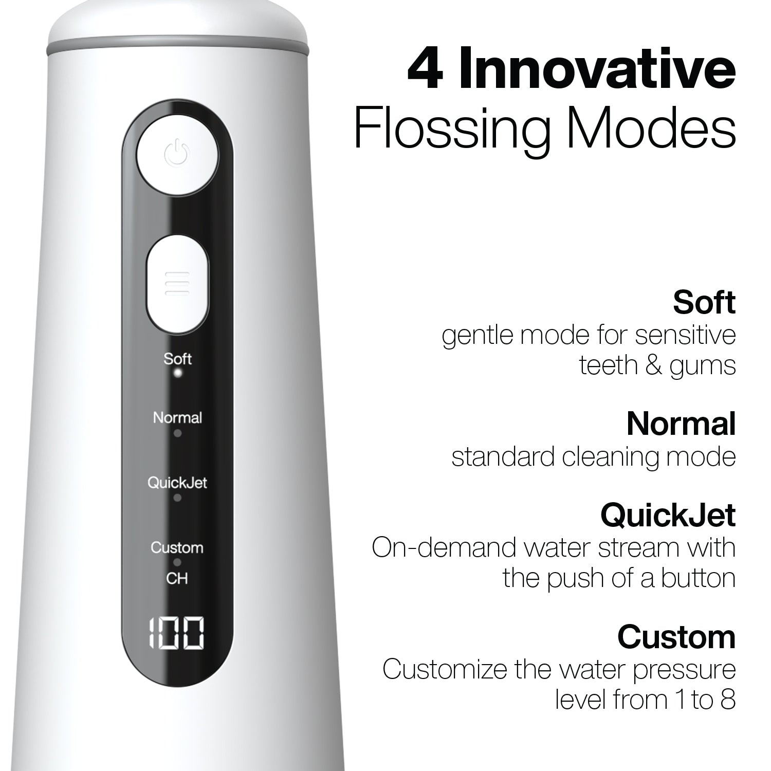 White water flosser with control panel and text describing innovative flossing modes on a white background.