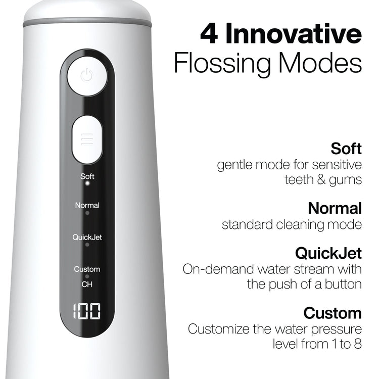 White water flosser with control panel and text describing innovative flossing modes on a white background.