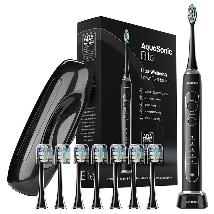 AquaSonic Elite electric toothbrush set with packaging, brush heads, and charging case on a white background.