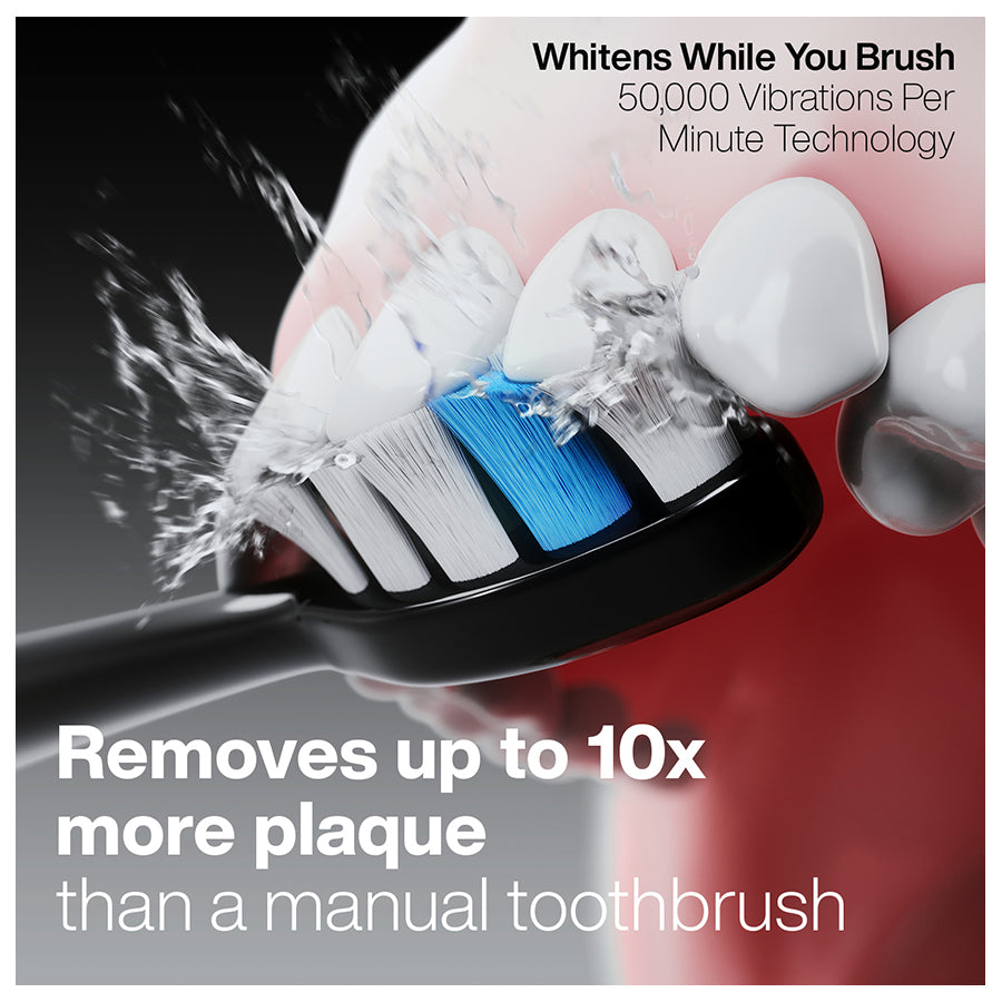 Electric toothbrush with text highlighting its features on a red background