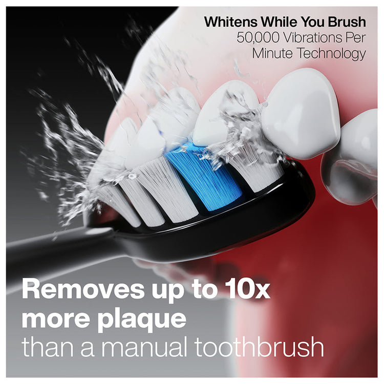 Electric toothbrush with text highlighting its features on a red background