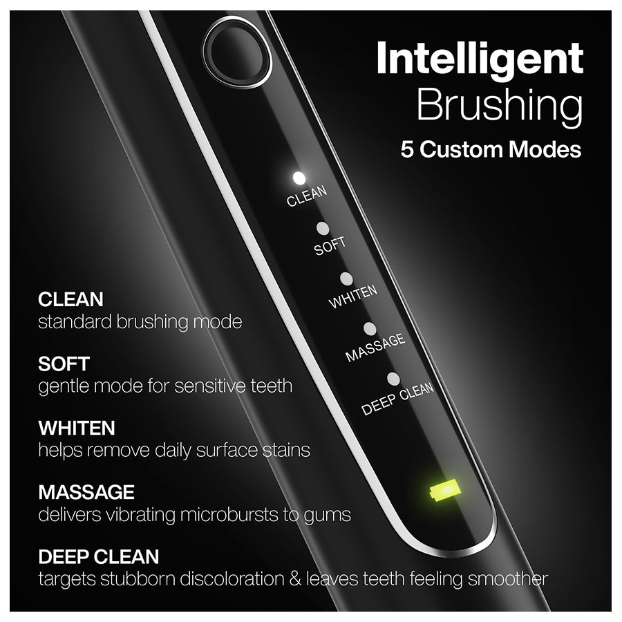Electric toothbrush with mode selector and description of features on a black background