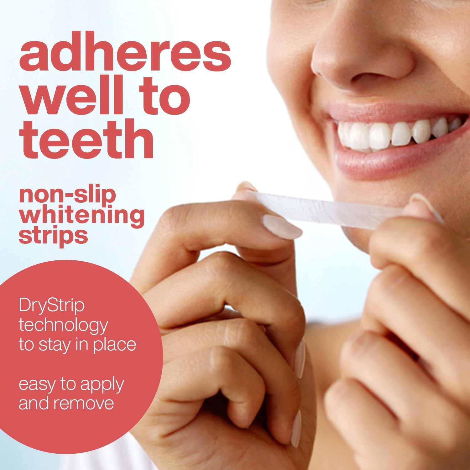 Person applying non-slip whitening strips with text highlighting features on a white background