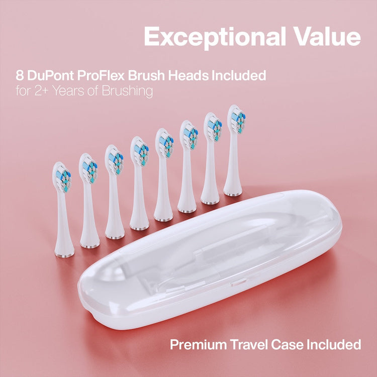 Electric toothbrush heads with a travel case on a pink background, featuring DuPont ProFlex branding.