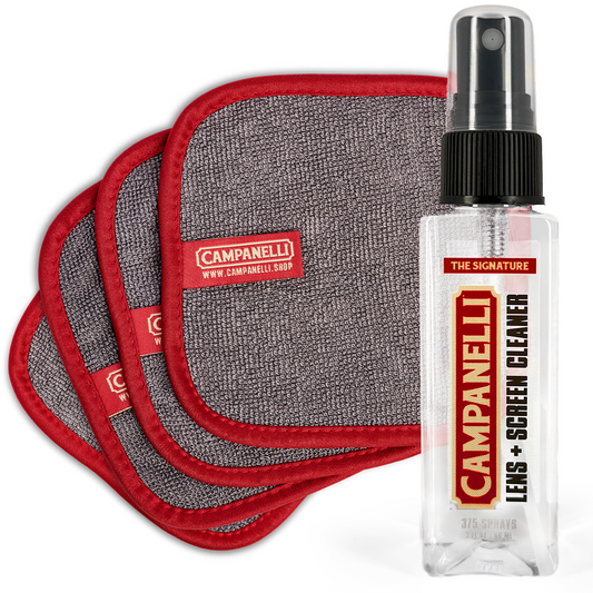 Campanelli lens and screen cleaner set with cloths and spray bottle on a white background