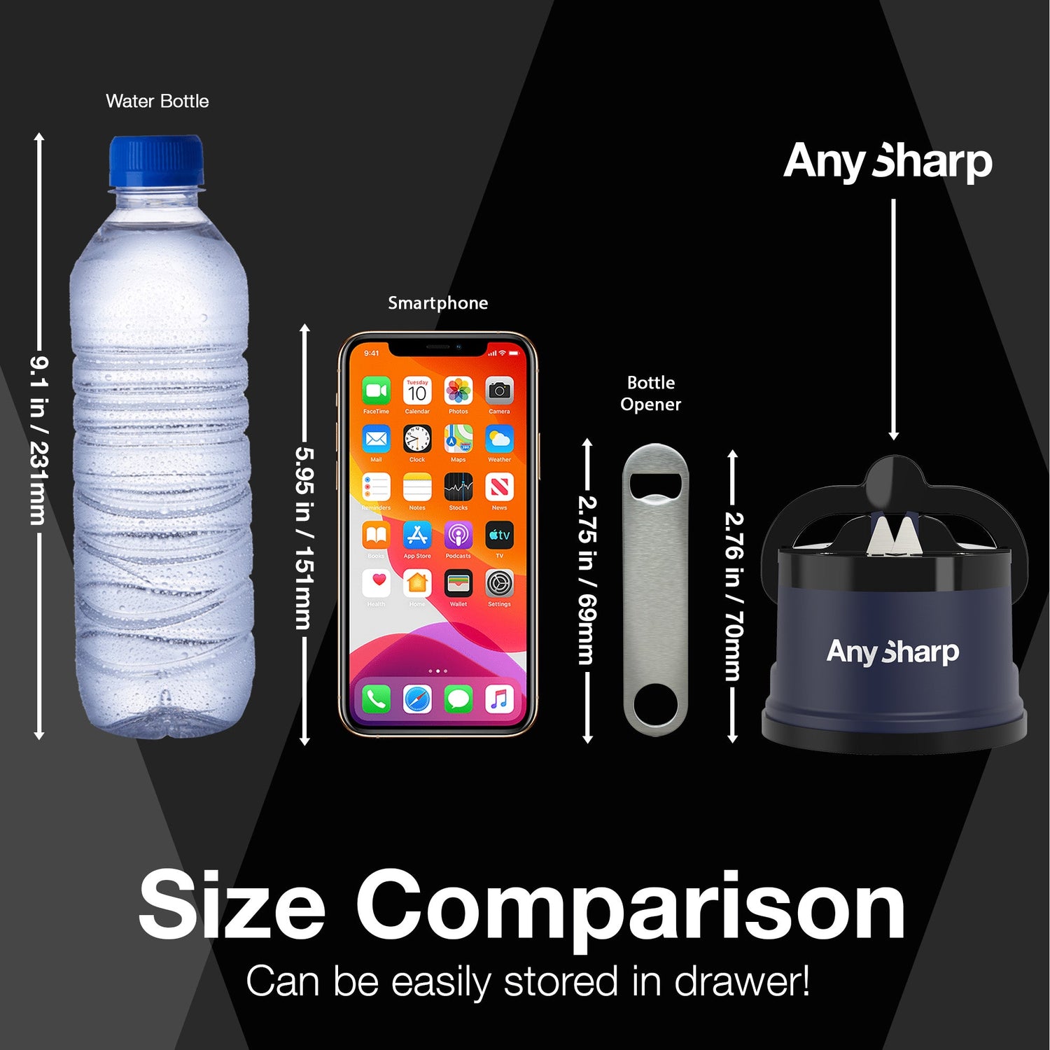 Size comparison chart with water bottle, smartphone, bottle opener, and AnySharp device on a black background.
